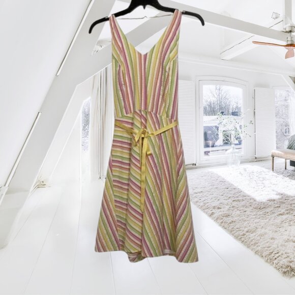 Lily Brand Halter Style Dress With Pastel Stripes and Ribbon Waist - Picture 1 of 14